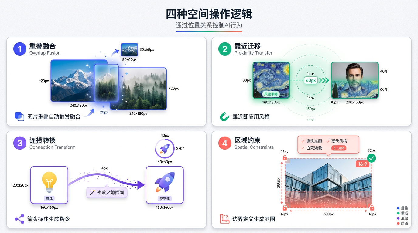 四种空间操作：重叠、靠近、连接、框选