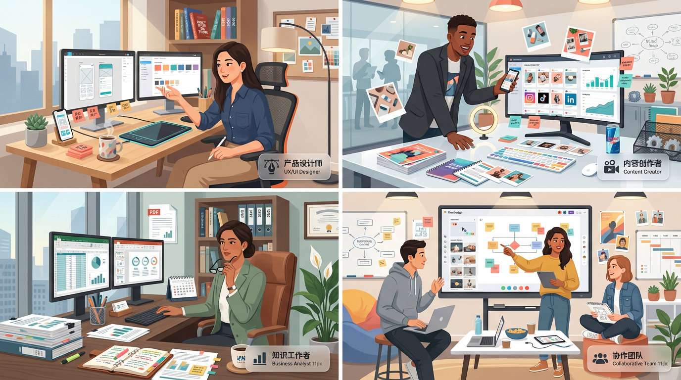 目标用户：设计师、内容创作者、知识工作者、小团队
